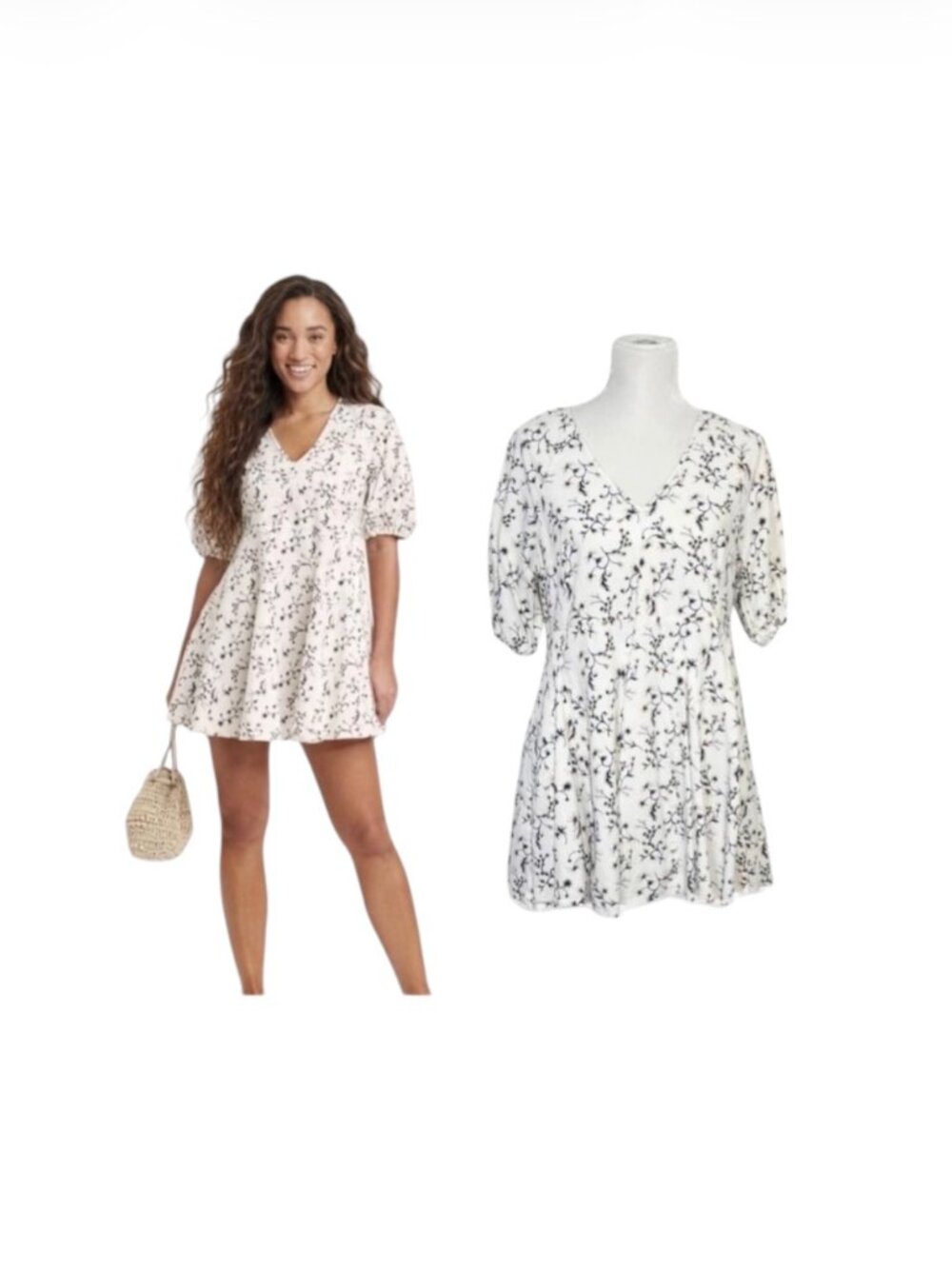Universal Thread Cottagecore Puff Sleeve Mini Dress Cream Floral Medium